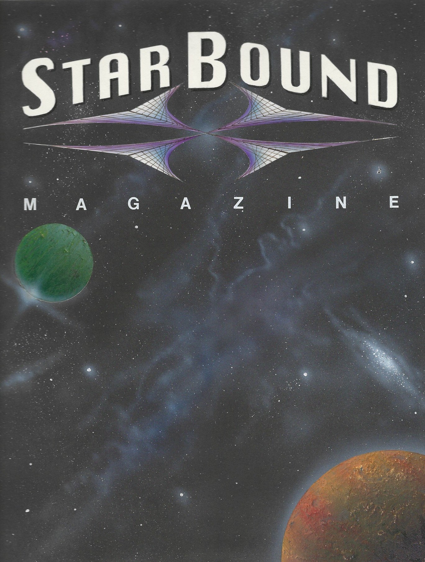 The full Star Bound Magazine cover painting: an airbrushed starfield with a green planet at upper left and a rust-orange planet at lower right.
